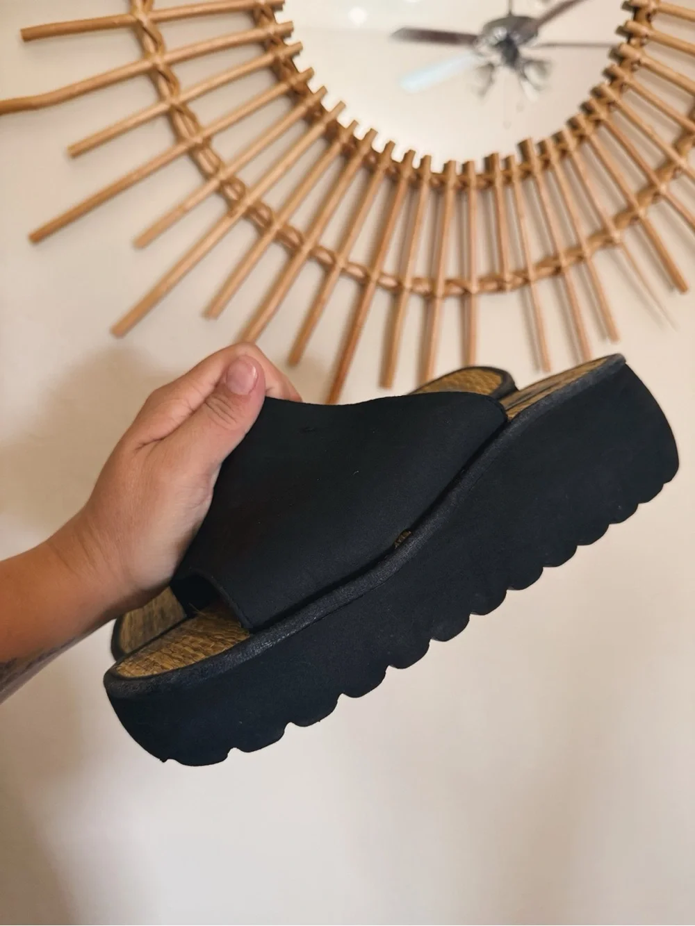 Black Platform Sandals with Woven Footbed
